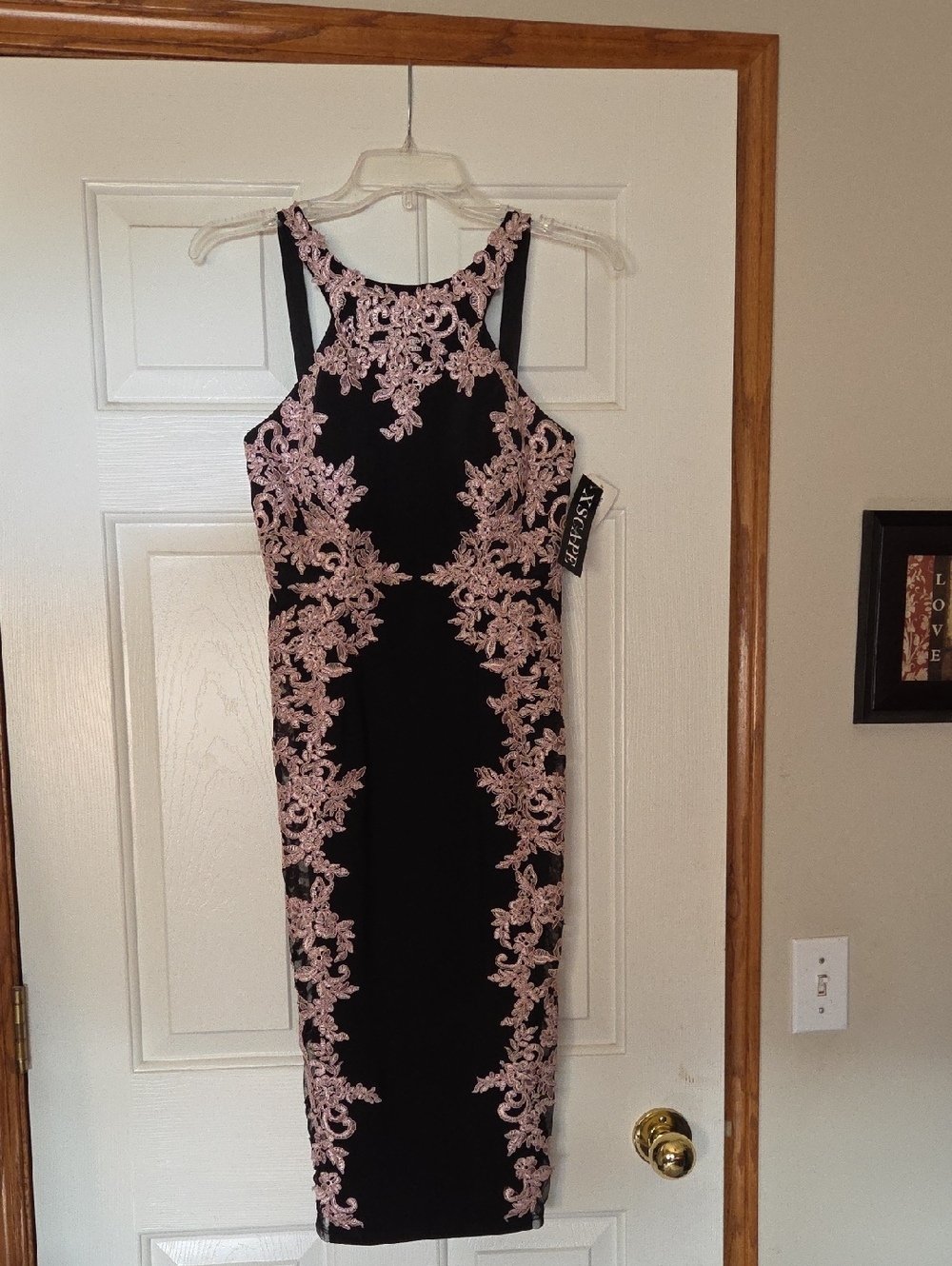 Xscape Black Midi Dress with Pink Lace Appliqué